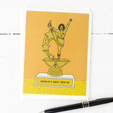 This image features a charming greeting card titled "World's Best Bestie," designed to celebrate a special friend. The card displays a vibrant, hand-illustrated trophy graphic on a mustard yellow background.