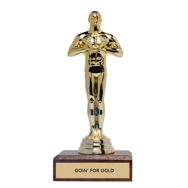 Gold trophy figure with 'Goin' For Gold' text on a white background