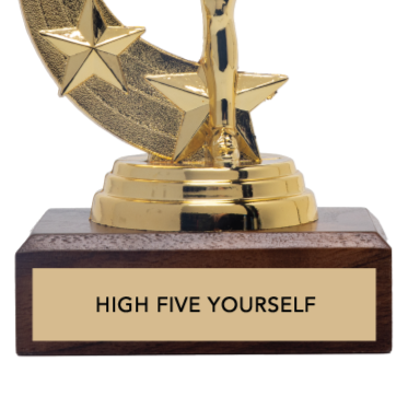 Gold star-shaped trophy with a wooden base and 'HIGH FIVE YOURSELF' text on a white background