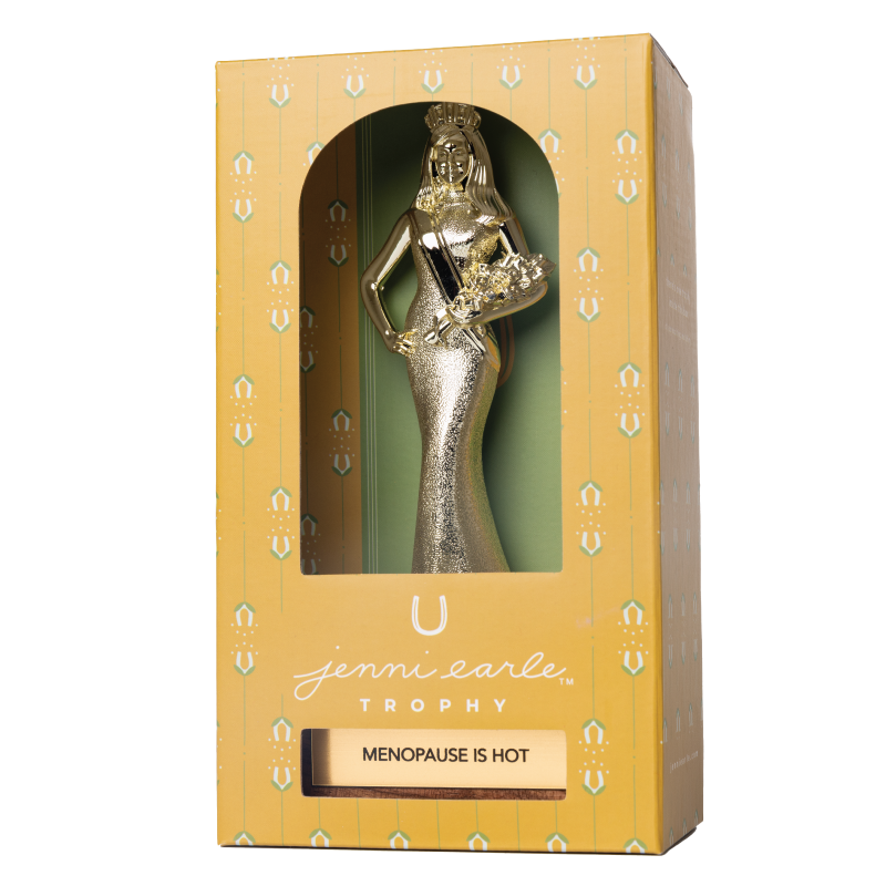 Silver trophy in a decorative box with 'jenni earle' branding