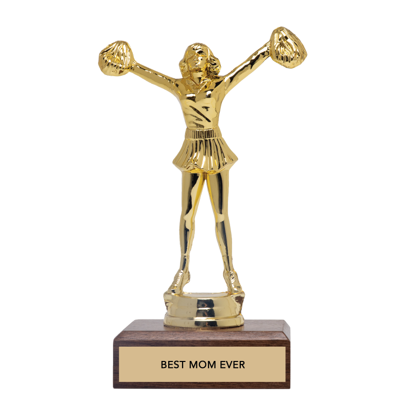 Gold trophy of a woman holding boxing gloves with 'Best Mom Ever' on a wooden base.