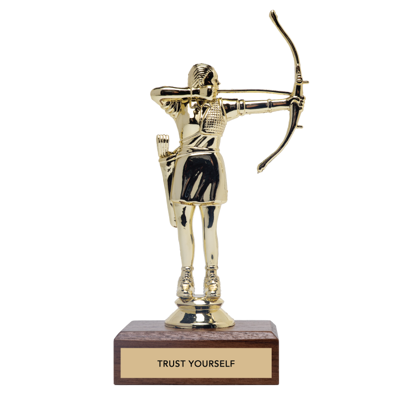 Gold archery trophy with a wooden base and 'Trust Yourself' text on a white background