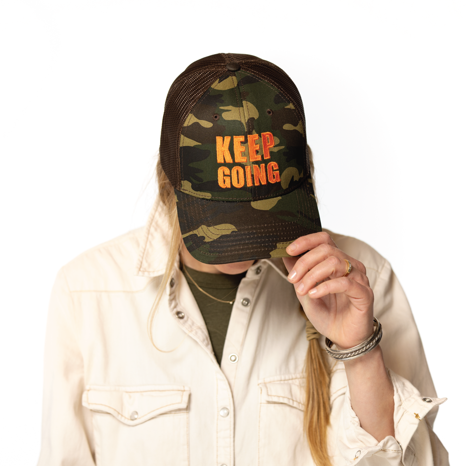 Person wearing a camouflage cap with 'KEEP GOING' text on a white background