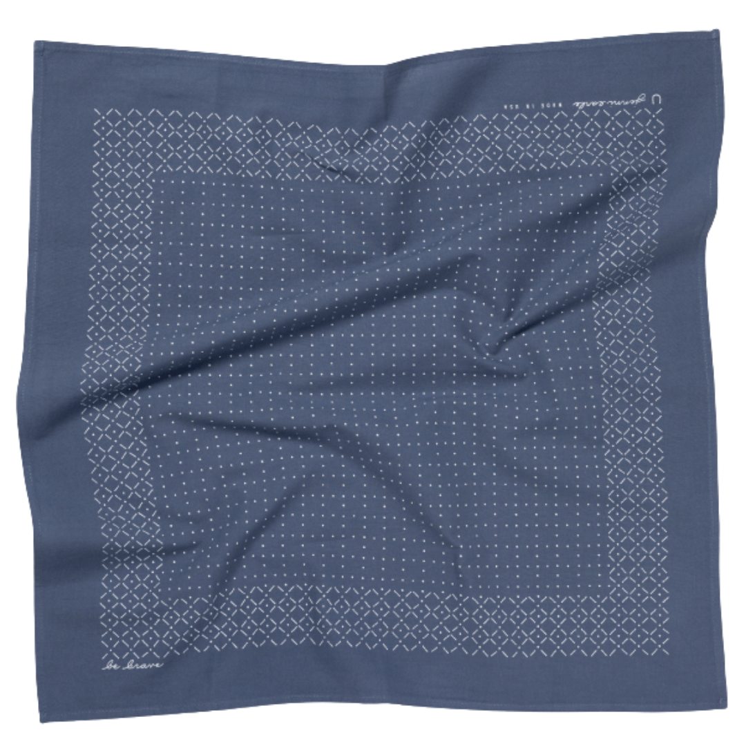 river blue bandana with white geometric pattern on a white background