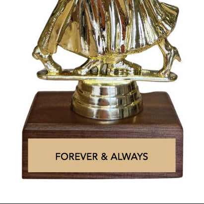 Gold dancing couple trophy with 'Forever & Always' plaque on a white background