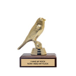 Gold bird-shaped trophy with a wooden base and 'i have my rock, now i need my flock' text on a white background