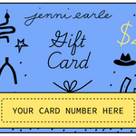 Jenni Earle gift card with decorative elements and placeholder text on a blue background