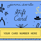 Jenni Earle gift card with decorative elements and placeholder text on a blue background