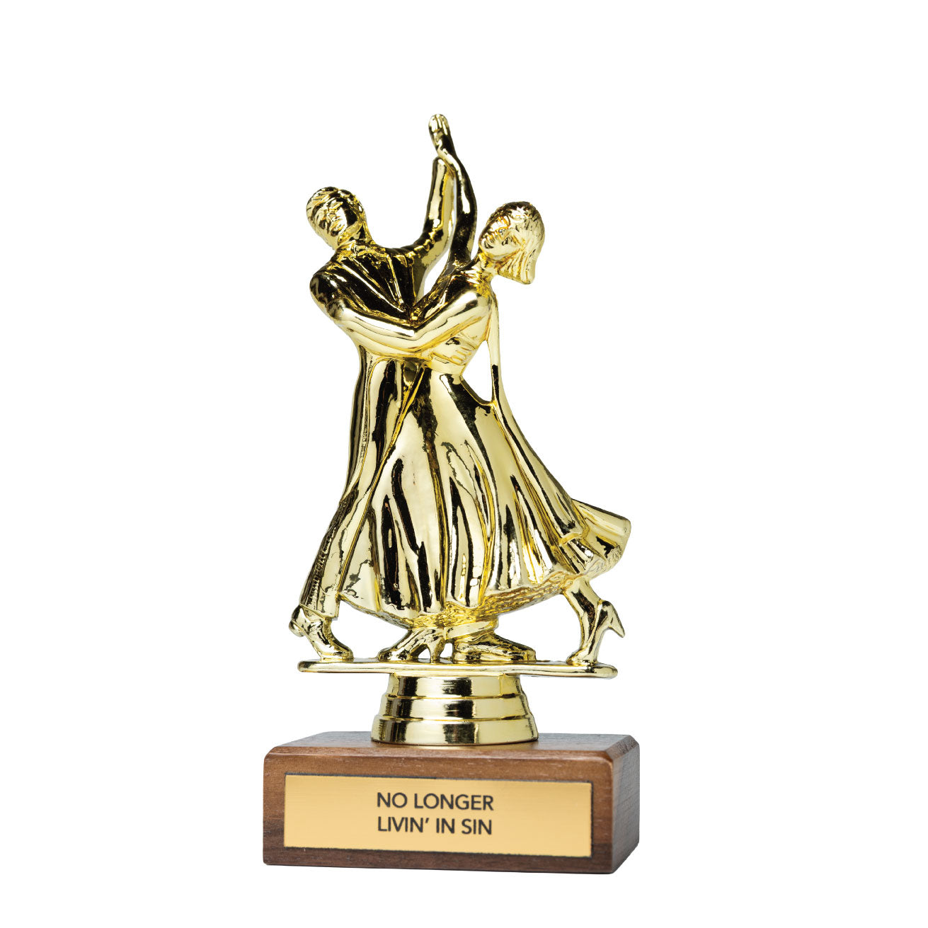 A gold-colored trophy figurine depicting a couple dancing, mounted on a rectangular brown wooden base with a gold plaque that reads 'NO LONGER LIVIN' IN SIN'.