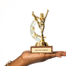 Gold trophy with 'High Five Yourself' plaque held by a hand on a white background